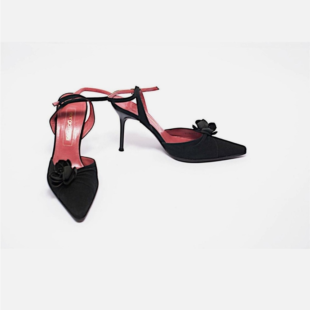 SERGIO ROSSI Black 100% Suede Flowered Ankle Strap 4" Stiletto Heels Sz EU 39 - Picture 12 of 16